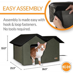 Outdoor Heated Cat House Extra-Wide Cat Shelter for Two, Olive, 26.5 X 21.5 X 15.5 Inches