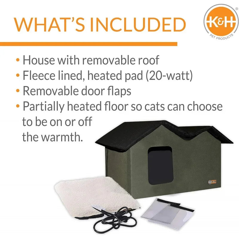 Outdoor Heated Cat House Extra-Wide Cat Shelter for Two, Olive, 26.5 X 21.5 X 15.5 Inches