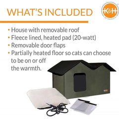 Outdoor Heated Cat House Extra-Wide Cat Shelter for Two, Olive, 26.5 X 21.5 X 15.5 Inches